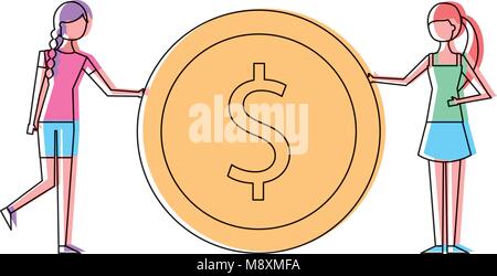 Jeune femme tenant deux grande pièce d'un dollar currency Illustration de Vecteur