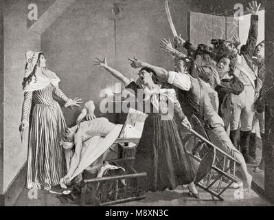 L'assassinat de Marat par Charlotte Corday, 1793. Jean-Paul Marat, 1743 - 1793. Théoricien politique français, leader Jacobin, médecin, scientifique, journaliste et politicien radical pendant la Révolution française. Marie-Anne Charlotte de Corday d'Armont, 1768 - 1793, alias Charlotte Corday. Girondin et figure de la Révolution française. L'histoire de Hutchinson de l'ONU, publié 1915 Banque D'Images