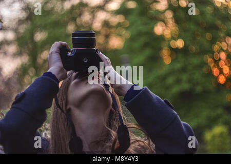 Girl taking photo d'arbre en fleurs jusqu'à Banque D'Images