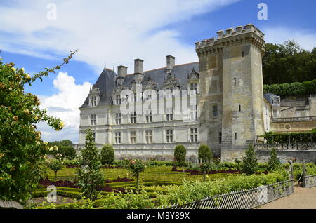 Villandry, vallée de la Loire, France le 26 juin 2017. Vue du château sur le côté de magnifiques jardins de légumes, salades et légumes culti magistralement Banque D'Images