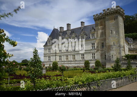 Villandry, vallée de la Loire, France le 26 juin 2017. Vue du château sur le côté de magnifiques jardins de légumes, salades et légumes culti magistralement Banque D'Images