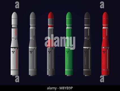 Ensemble de divers missiles ou roquettes, colorés, sur fond sombre Illustration de Vecteur