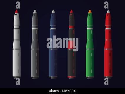 Ensemble de divers missiles ou roquettes, colorés, sur fond sombre Illustration de Vecteur