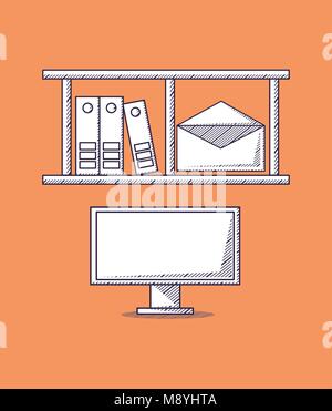 Fournitures de bureau design avec ordinateur et des étagères avec des objets sur fond orange, croquis design vector illustration Illustration de Vecteur