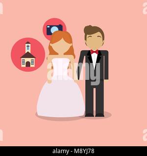 Couple de mariage avatar avec les icônes autour sur arrière-plan, design coloré. vector illustration Illustration de Vecteur