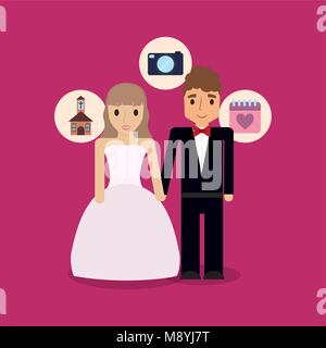 Cartoon wedding couple avec des icônes autour sur arrière-plan, design coloré. vector illustration Illustration de Vecteur