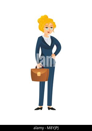 Télévision de style businesswoman with briefcase debout avec confiance sur blanc. Illustration de Vecteur