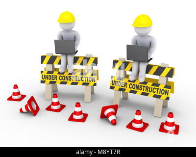 Les travailleurs 3d avec les ordinateurs portables sont assis sur deux signes en construction Banque D'Images