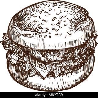 Burger, hamburger croquis. Concept de restauration rapide. Vector illustration dessinée à la main Illustration de Vecteur