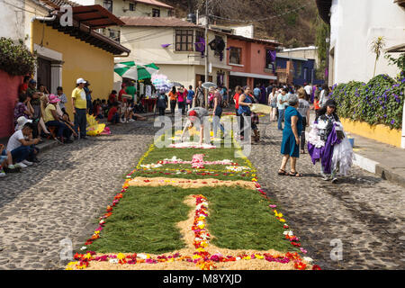 Antigua, Guatemala : le 18 mars 2018 : Groupe de travail local sur alfombres, tapis de fleurs sur les rues pavées pour la procession San Bartolomé de Becerra Banque D'Images