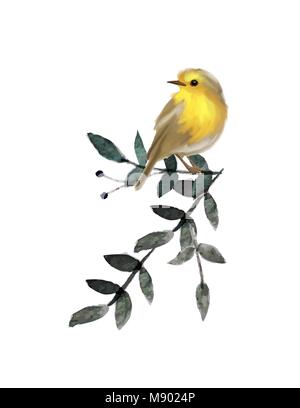 Petit mignon oiseau sur une branche avec des feuilles. Fluffy vecteur oiseau. Illustration de Vecteur