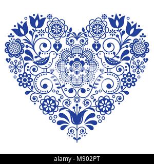 Coeur folk Scandinave design vectoriel, Saint Valentin, anniversaire de mariage ou de carte de vœux, motif floral en bleu marine Illustration de Vecteur