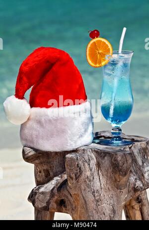 Bocal d'eau tonique est sur la plage d'origine le tableau est fait de tronc d'arbre avec Santa hat Banque D'Images