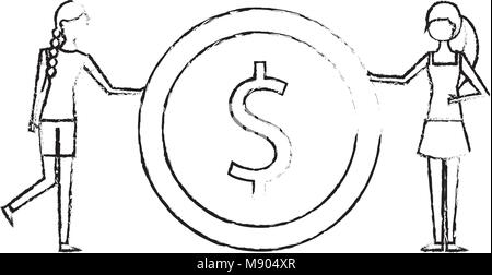 Jeune femme tenant deux grande pièce d'un dollar currency Illustration de Vecteur