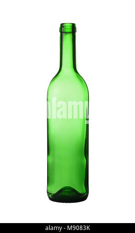 Près d'un vide sans étiquette bouteille de vin en verre vert isolé sur fond blanc, low angle view Banque D'Images