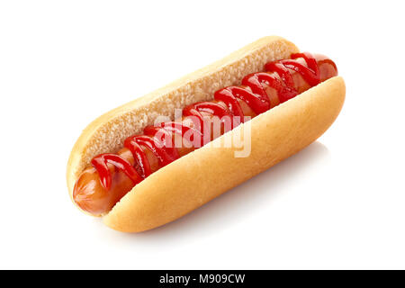 Hot-dog avec du ketchup sur blanc Banque D'Images