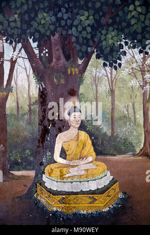 Fresque représentant une scène de la vie du Bouddha de Wat Phra That Doi Suthep, Chiang Mai. Bouddha méditant sous un arbre. Thaïlande Banque D'Images