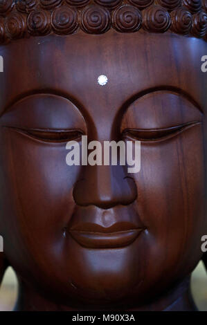 Minh Dang Quang temple bouddhiste. Statue de Bouddha en bois. La tête avec le troisième oeil. Close-up. Ho Chi Minh Ville. Le Vietnam. Banque D'Images