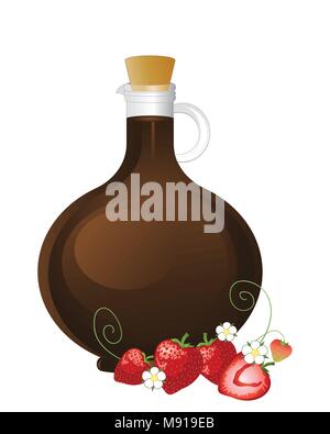 Un vecteur illustration en eps 10 format d'une bouteille en verre fantaisie de vinaigre balsamique avec son ensemble et la moitié des fraises fleurs et décoration Illustration de Vecteur