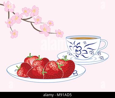 Un vecteur illustration en format eps 10 de fraise mûre sur une plaque bleu et blanc avec plateau tasse et soucoupe avec fleur rose Illustration de Vecteur