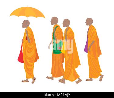 Un vecteur illustration au format eps d'une ligne de moines bouddhistes à marcher le long de vêtements traditionnels robes orange Illustration de Vecteur