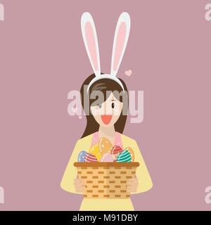 Femme avec des oreilles de lapin mask holding panier plein d'œufs de Pâques. Vector Illustration Illustration de Vecteur