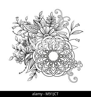 Motif floral mandala en noir et blanc. Livre de coloriage adultes page avec des fleurs et des mandalas. Motif Oriental, affiche des éléments décoratifs. Illustration de Vecteur