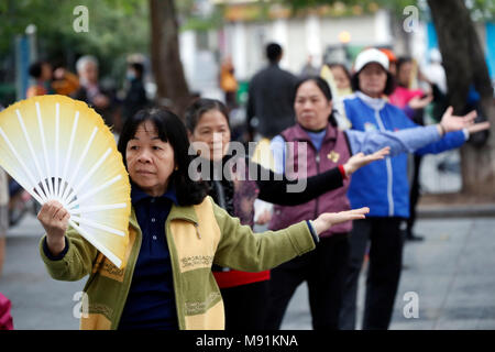 Session de tai chi tôt le matin le long des rives du lac Hoan Kiem. Des exercices avec les fans. Hanoi. Le Vietnam. Banque D'Images