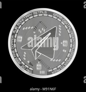 Pièce d'argent devise Crypto gramme d'argent symbole sur avers isolé sur fond noir. Vector illustration. Utiliser pour les logos, les produits, la page d'impression Illustration de Vecteur