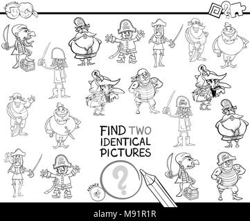Illustration Cartoon noir et blanc de trouver deux images identiques jeu éducatif pour les enfants ayant des caractères fantaisie Pirates Coloring Book Illustration de Vecteur