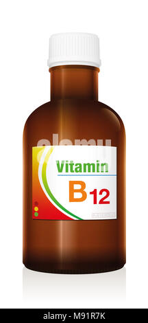 La vitamine B12, comme supplément à l'alimentation saine et la nutrition consciente aux végétariens et végétaliens - bouteille flacon factice médical. Banque D'Images