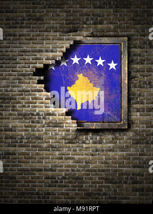 Le rendu 3D d'un drapeau du Kosovo sur une plaque métallique rouillée embarqué sur un vieux mur de brique