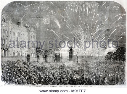 La commémoration de la paix, de l'artifice dans le centre commercial St James's Park, célébrer le Traité de Paris de 1856 qui a réglé la guerre de Crimée, la gravure antique 1856 Banque D'Images