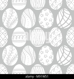 Oeufs de Pâques en ligne silhouette blanche sur fond gris clair. Cute hand drawn seamless pattern design festival de Pâques dans l'illustration vectorielle. Illustration de Vecteur