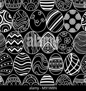 Oeufs de Pâques en ligne de contour blanc sur noir contexte. Cute hand drawn seamless pattern design festival de Pâques dans l'illustration vectorielle. Illustration de Vecteur