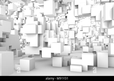 Cubes différents réparties aléatoirement dans l'espace. Résumé Contexte L'architecture moderne de la lumière. Le rendu 3d. 3d illustration Banque D'Images
