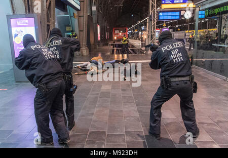 20 mars 2018, l'Allemagne, Frankfurt am Main : pratique des agents de police la lutte contre les délinquants et prendre soin des personnes blessées au cours de la simulation d'une attaque terroriste à la station de railiway. Un grand nombre de domaines de l'alimentation secteur gare ont été fermées pour cet exercice. Photo : Boris Roessler/dpa Banque D'Images