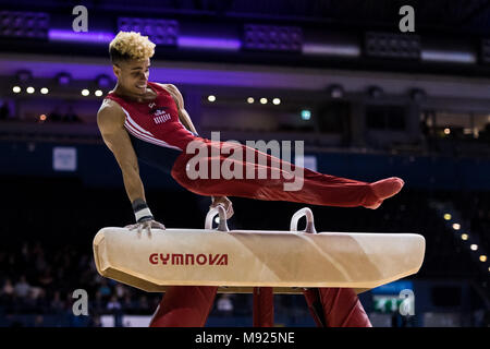 Birmingham, UK. 21 mars, 2018. Donothan Bailey (USA) est en concurrence sur le cheval d'arçons lors de la Coupe du Monde de Gymnastique FIG 2018 Arena à Birmingham le mercredi, 21 mars 2018. Birmingham England. Credit : Taka Wu/Alamy Live News Banque D'Images