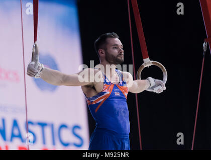 Birmingham, UK. 21 mars, 2018. James Hall (GBR) est en concurrence sur les bagues encore pendant la Coupe du Monde de Gymnastique FIG 2018 Arena à Birmingham le mercredi, 21 mars 2018. Birmingham England. Credit : Taka Wu/Alamy Live News Banque D'Images