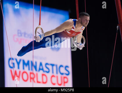 Birmingham, UK. 21 mars, 2018. Dominick Gunnigham (GBR) est en concurrence sur les bagues encore pendant la Coupe du Monde de Gymnastique FIG 2018 Arena à Birmingham le mercredi, 21 mars 2018. Birmingham England. Credit : Taka Wu/Alamy Live News Banque D'Images