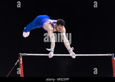 Birmingham, UK. 21 mars, 2018. James Hall (GBR) est en concurrence sur la barre horizontale pendant la Coupe du Monde de Gymnastique FIG 2018 Arena à Birmingham le mercredi, 21 mars 2018. Birmingham England. Credit : Taka Wu/Alamy Live News Banque D'Images