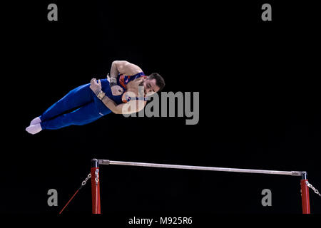 Birmingham, UK. 21 mars, 2018. James Hall (GBR) est en concurrence sur la barre horizontale pendant la Coupe du Monde de Gymnastique FIG 2018 Arena à Birmingham le mercredi, 21 mars 2018. Birmingham England. Credit : Taka Wu/Alamy Live News Banque D'Images