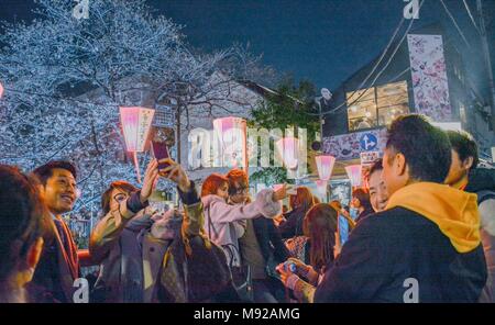 Tokyo, Tokyo, la Chine. Mar 22, 2018. Paysage de nuit des cerisiers en fleurs à Meguro River à Tokyo, Japon. La rivière Meguro (Meguro-gawa) est une rivière qui s'écoule à travers Tokyo, Japon. Les berges sont largement paysagées et agir comme un espace vert urbain pour les collectivités le long de sa longueur. La rivière est un lieu populaire pour ses cerisiers en fleurs au printemps. Crédit : SIPA Asie/ZUMA/Alamy Fil Live News Banque D'Images