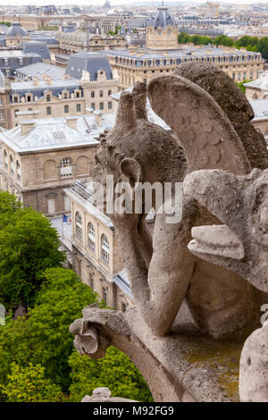 Gargoyle avec vue sur ville de Paris à partir de la Cathédrale Notre Dame, Paris, Ile-de-France, France Banque D'Images