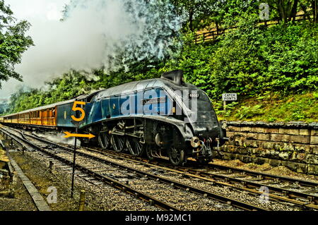 Train à vapeur d'après-guerre le détenteur du record du monde de vitesse Sir Nigel Gresley Steam train en direction de la gare de Goathland Banque D'Images