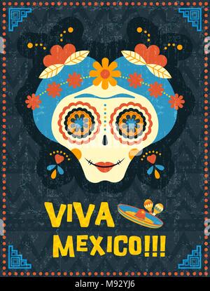 Crâne en sucre mexicain traditionnel avec le Jour des morts un miroir décoration. Illustration de l'affiche, catrina boy célèbre artiste mexicain. EPS10 vecto Illustration de Vecteur