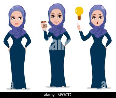 L'arabe business woman cartoon character set. Jeune femme musulmane dans des vêtements décontractés est triste avec les mains sur les hanches, tient le café et a une bonne i Illustration de Vecteur