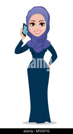 L'arabe business woman personnage. Belle jeune femme musulmane dans les tenues parle par téléphone. Vector illustration sur white Illustration de Vecteur