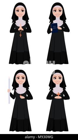 Nun, personnage, série de 4 poses. Sœur catholique souriante détient bougie brûlante, est titulaire d'bible, se dresse avec des mains qui prient et enseigne également. Vector Illustration de Vecteur