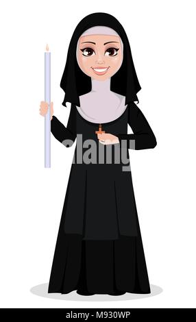 Nun personnage. Sœur catholique souriante détient bougie allumée. Vector illustration sur fond blanc. Illustration de Vecteur
